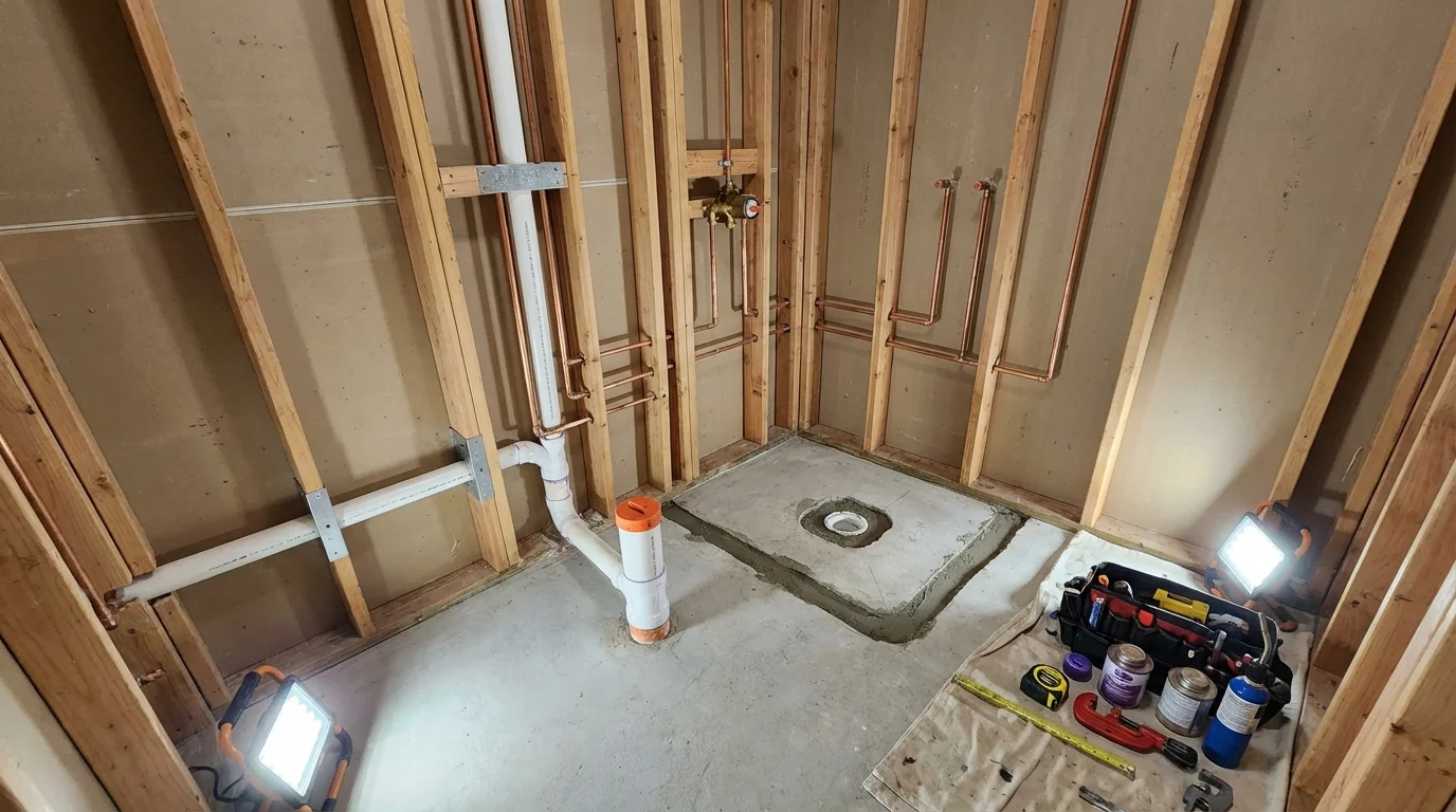 Bathroom rough-in plumbing during remodel by Johns Plumbing LLC in Fairview Heights