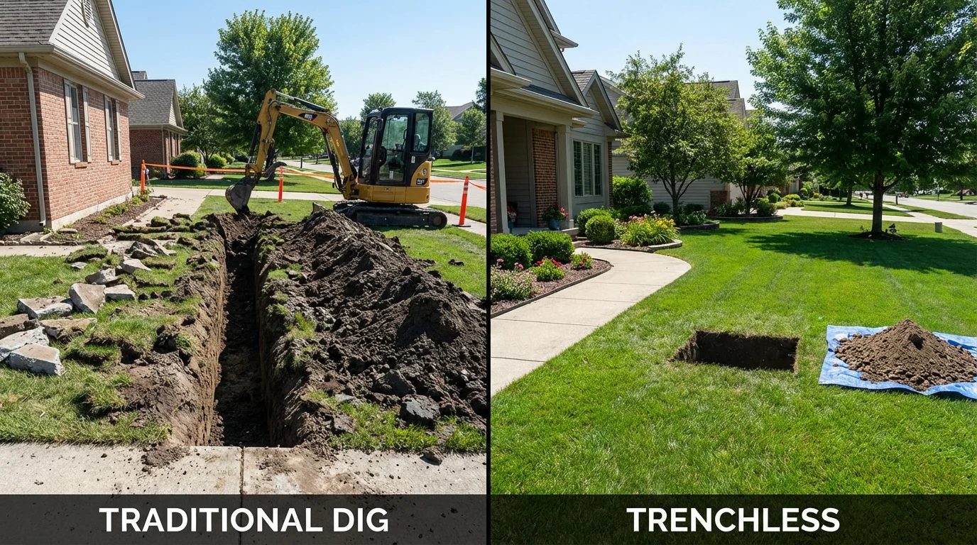 Trenchless sewer repair with minimal yard damage versus traditional excavation in Fairview Heights, IL