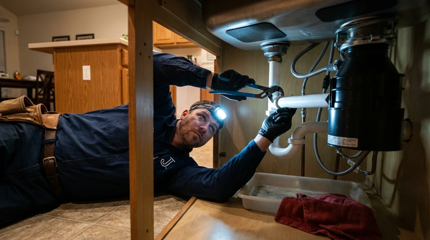 P-trap and supply line connections under a kitchen sink showing a common leak point in Fairview Heights, IL